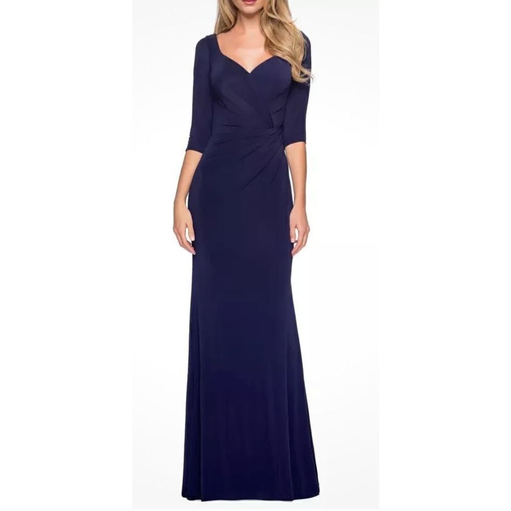 La Femme Ruched Jersey Column Gown in Navy Blue NWOT Size 10